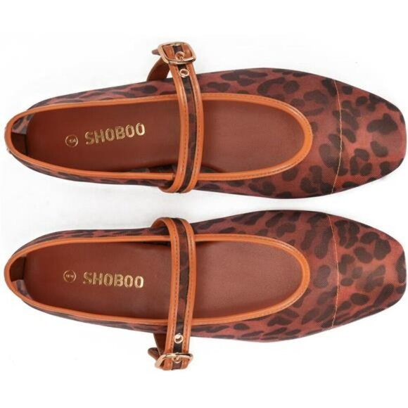 Leopard Mesh Ballet Flats Square Toe Mary Jane Buckle Dress Shoes Women - Picture 5 of 7